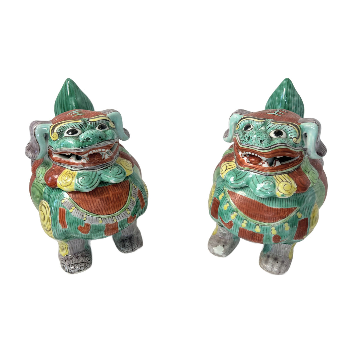 H12 - Pair of Chinese Foo Dog Lidded Jars – Hand-Painted Porcelain Fu Lion Covered Boxes