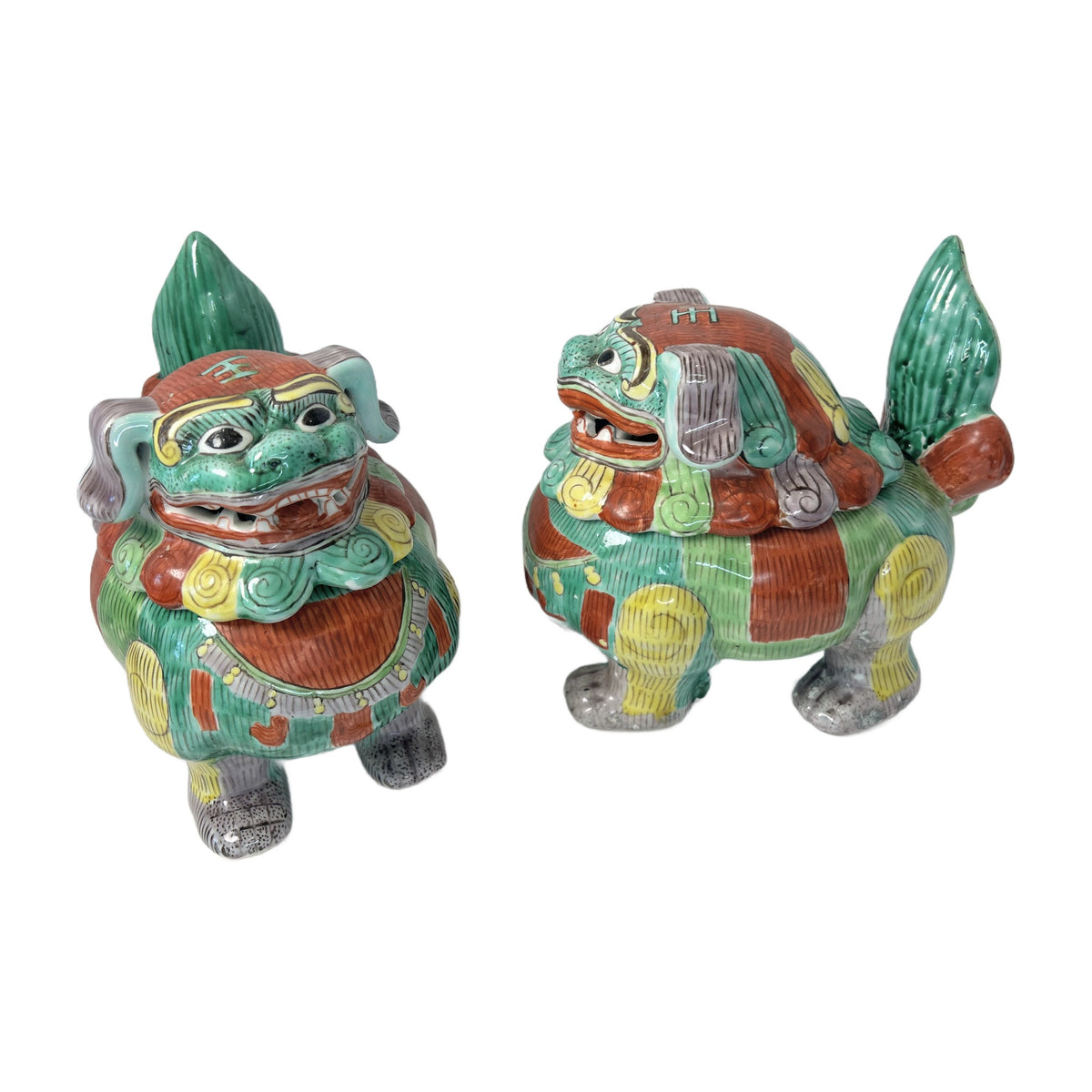 H12 - Pair of Chinese Foo Dog Lidded Jars – Hand-Painted Porcelain Fu Lion Covered Boxes