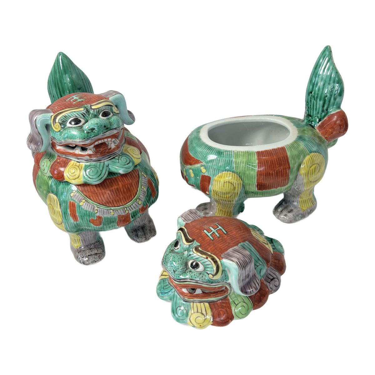 H12 - Pair of Chinese Foo Dog Lidded Jars – Hand-Painted Porcelain Fu Lion Covered Boxes