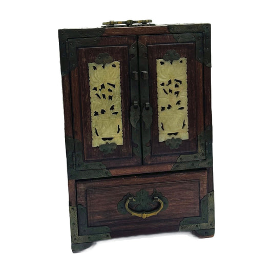 Vintage Chinese Rosewood Jewelry Box with Carved Jade Panels & Brass Hardware