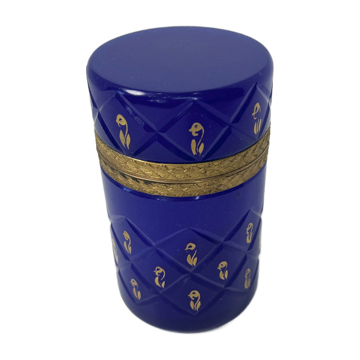 H18 - Cobalt Blue Glass Box with Gilt Bronze Mount – French Style Cylinder Trinket Box