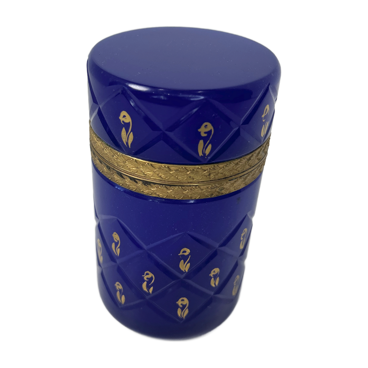 H18 - Cobalt Blue Glass Box with Gilt Bronze Mount – French Style Cylinder Trinket Box
