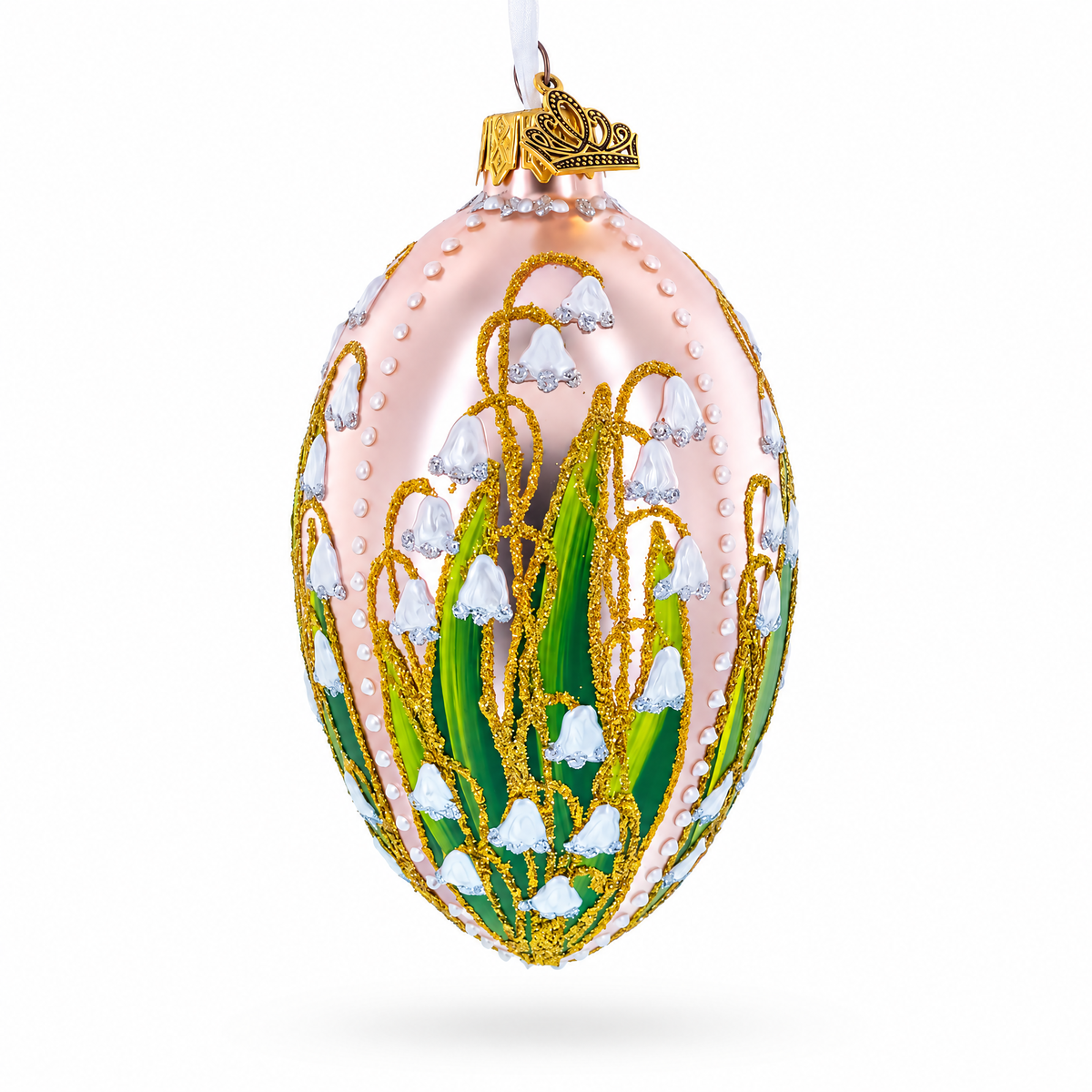 Lily of the Valley on Frosted Rose Egg Glass Ornament