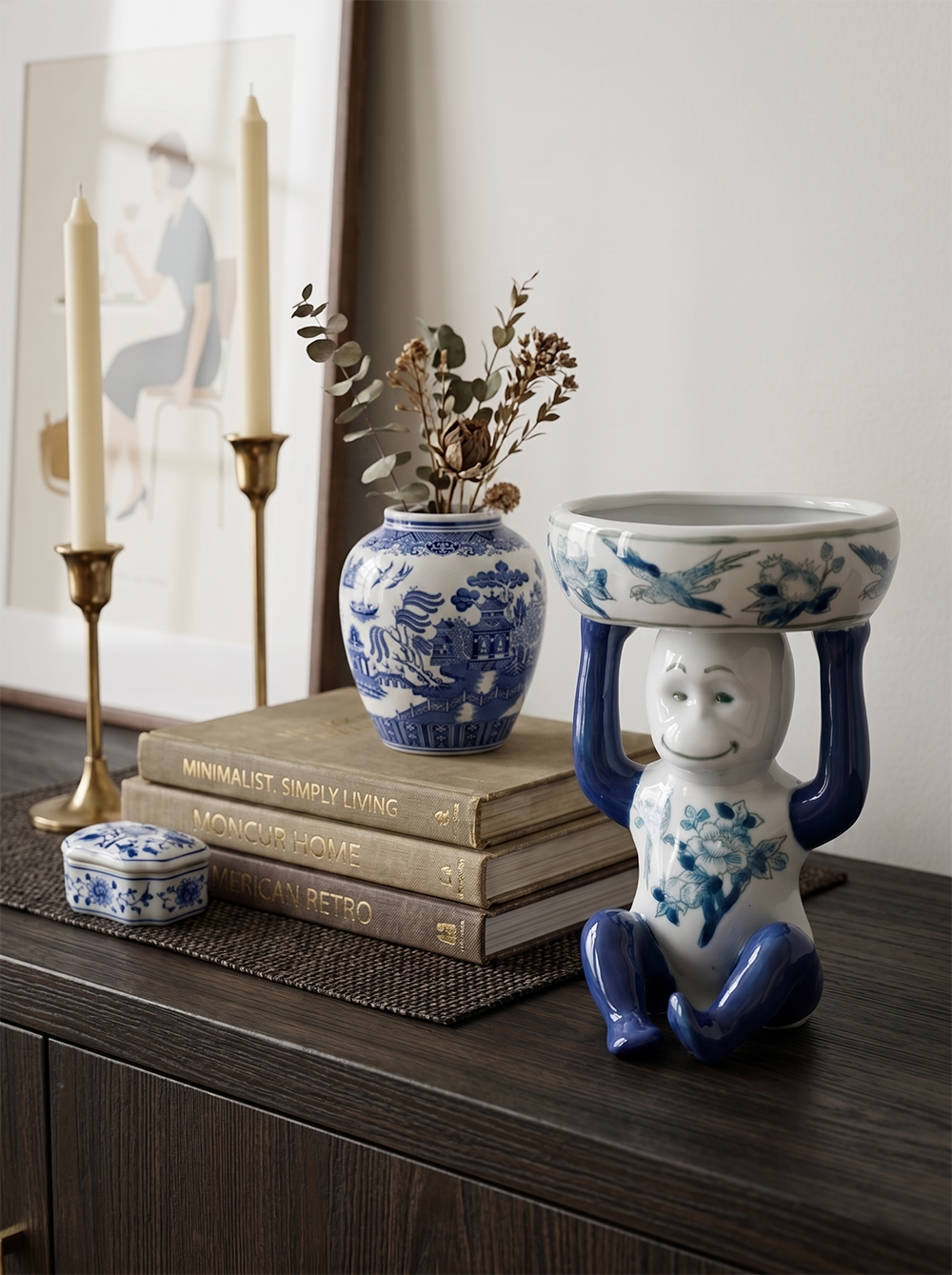5.5x5x7" Porcelain Monkey - Blue/Green/White