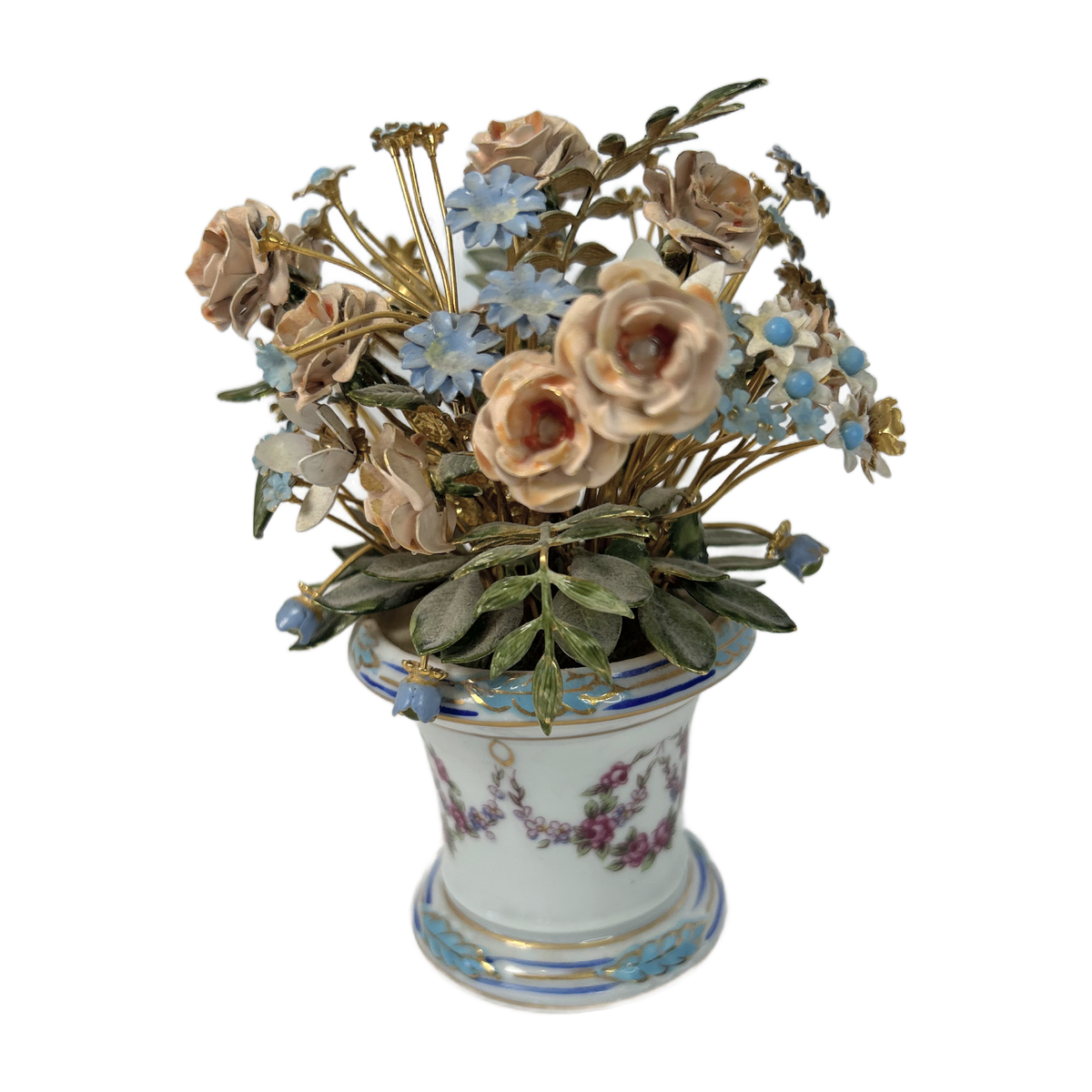 H22 - Vintage Enamel Tole Flower Bouquet in Porcelain Cachepot – Roses & Forget-Me-Nots