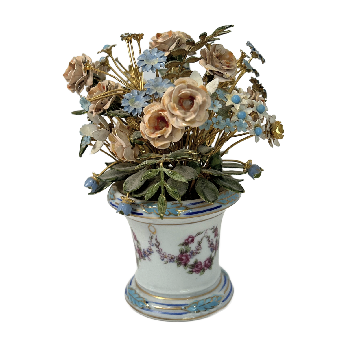 H22 - Vintage Enamel Tole Flower Bouquet in Porcelain Cachepot – Roses & Forget-Me-Nots