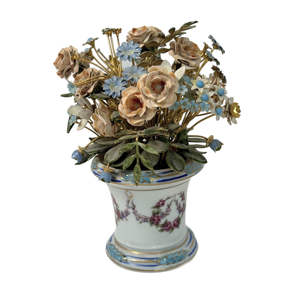 H22 - Vintage Enamel Tole Flower Bouquet in Porcelain Cachepot – Roses & Forget-Me-Nots