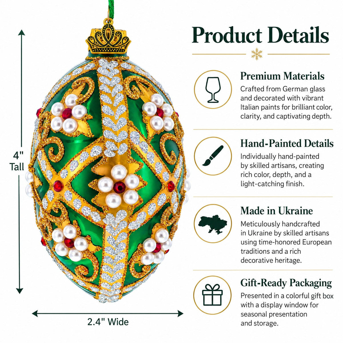 Jewels on Green Glass Egg Christmas Ornament