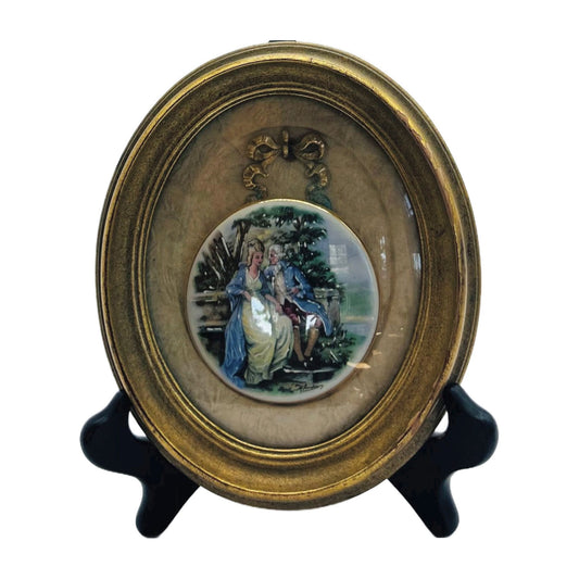 Framed Porcelain Miniature Portrait – 18th Century Courting Couple in Gilt Oval Frame