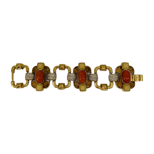 Gold-Tone Statement Link Bracelet with Coral Cabochons, Cork Inlay & Pavé Crystals