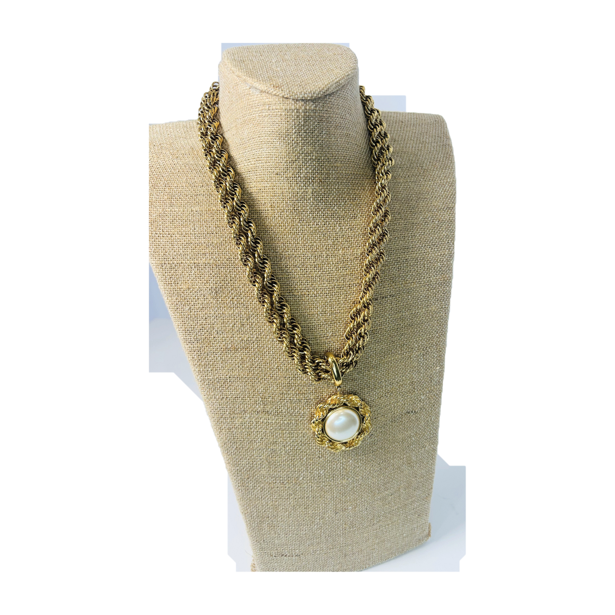 H54 - Vintage Gold-Tone Double Rope Chain Necklace with Faux Pearl Pendant
