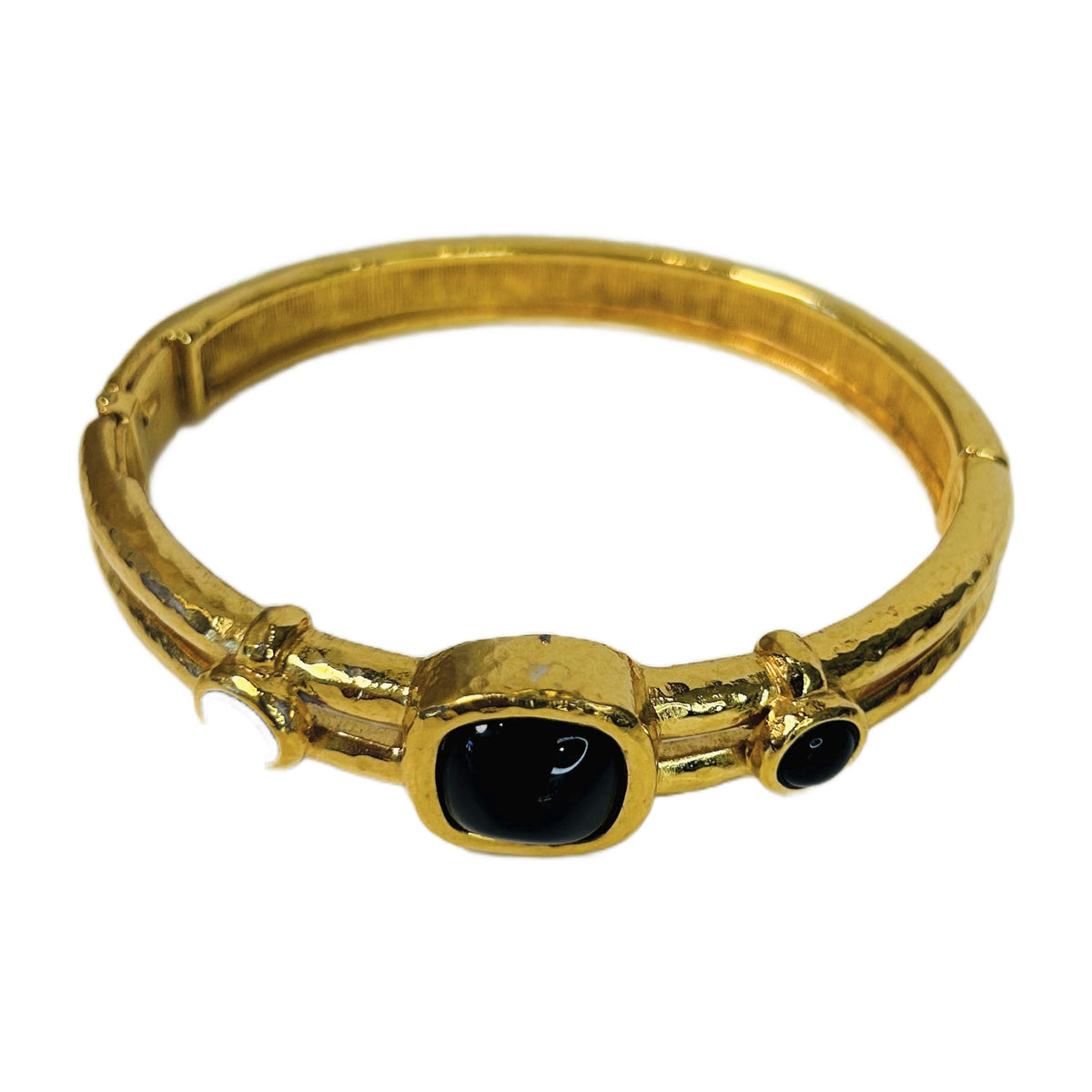 H29 - Vintage Gold-Tone Hinged Bangle with Sapphire Blue Cabochons