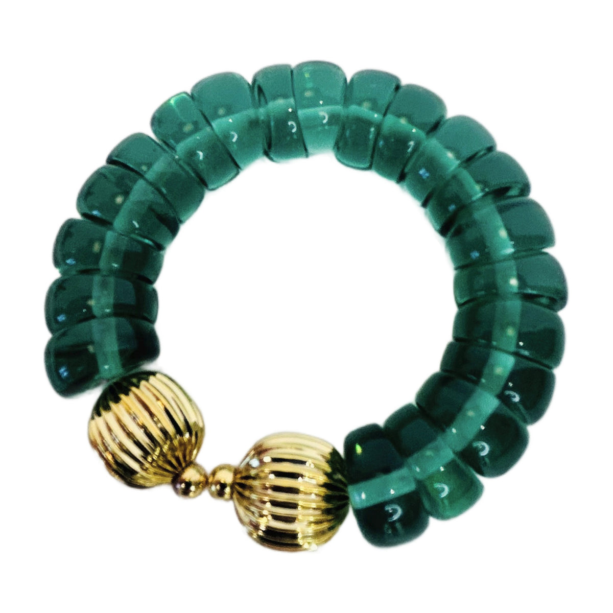 H41 - Vintage Emerald Green Lucite Bead Bracelet with Gold-Tone Ball Clasp