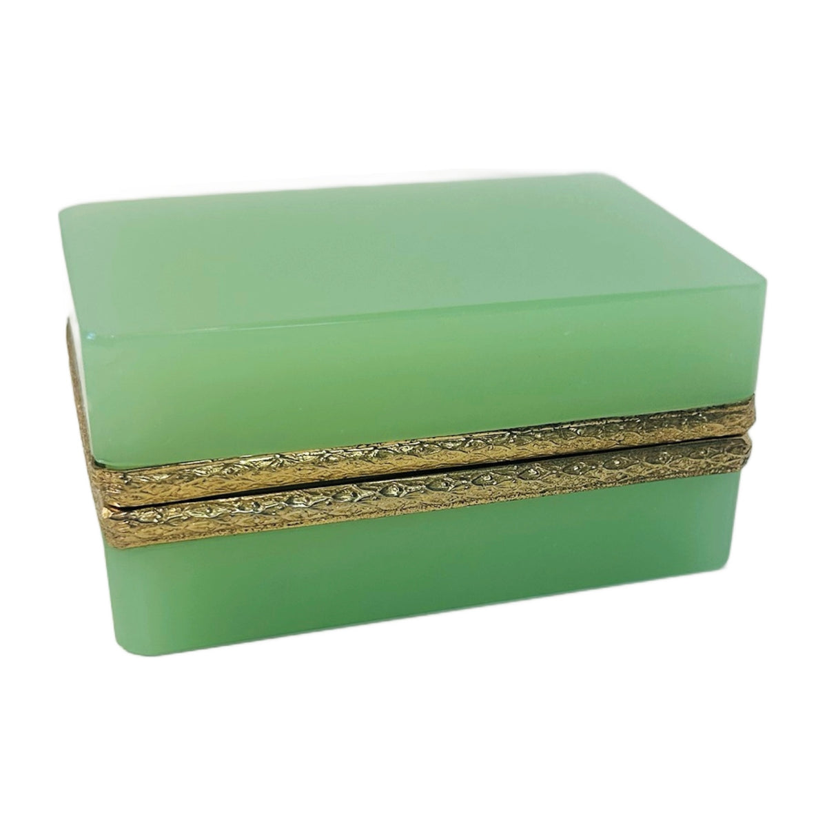 H59 - Green Opaline Glass Rectangular Box with Engraved Gilt Mount – Hinged Jewelry Box