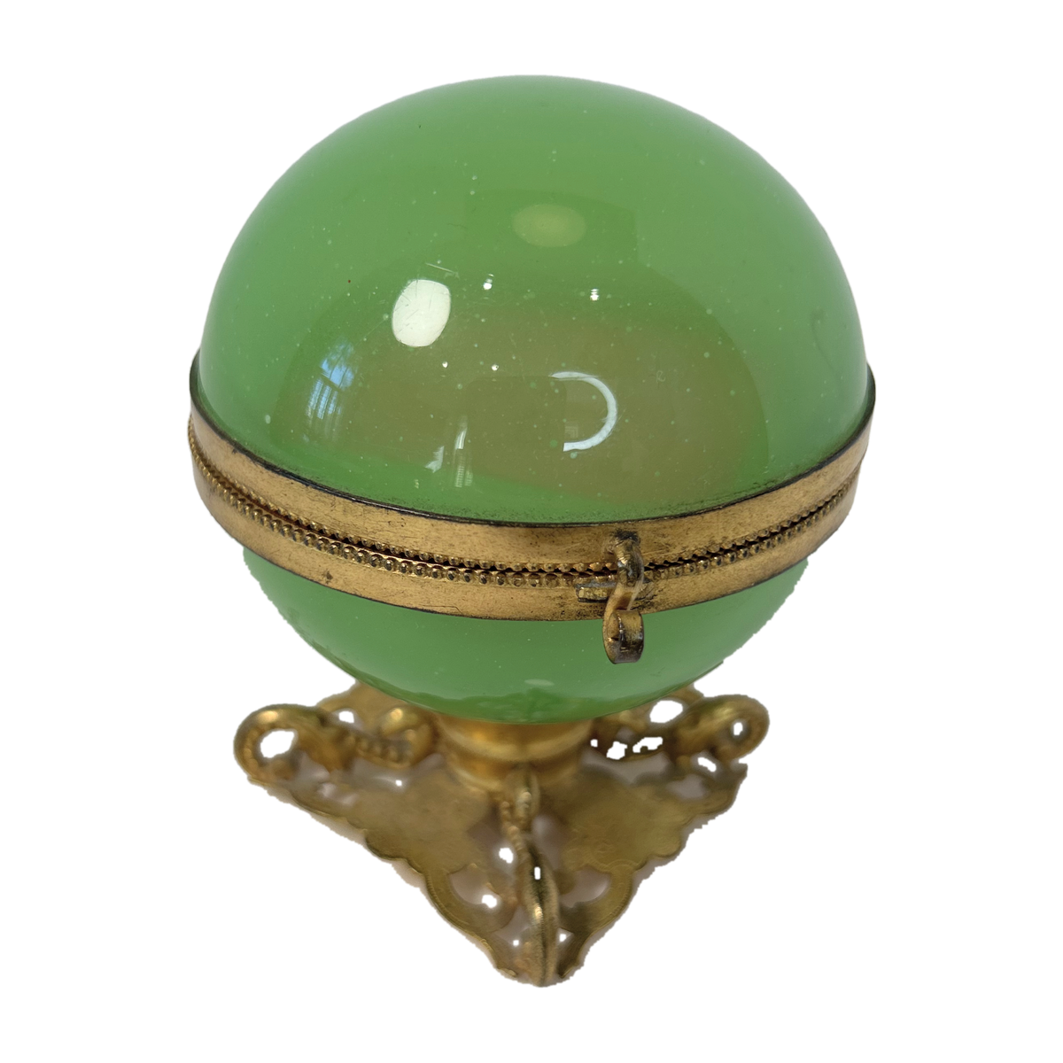 H19 - Green Opaline Glass Sphere Box on Gilt Stand – French Style Ormolu Trinket Box