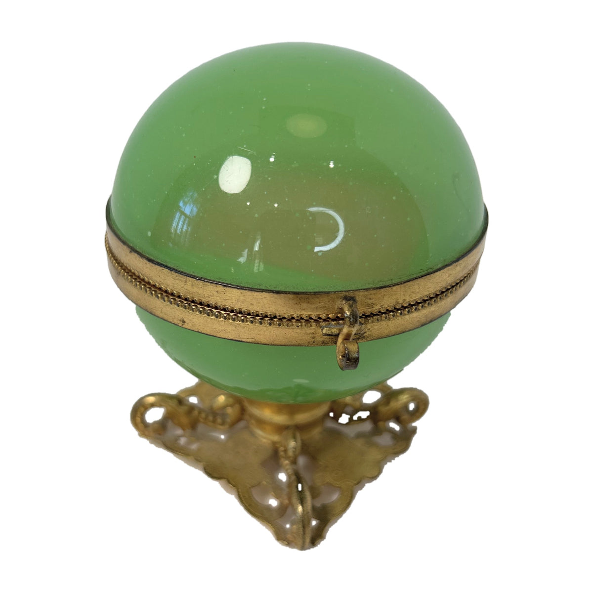 H19 - Green Opaline Glass Sphere Box on Gilt Stand – French Style Ormolu Trinket Box