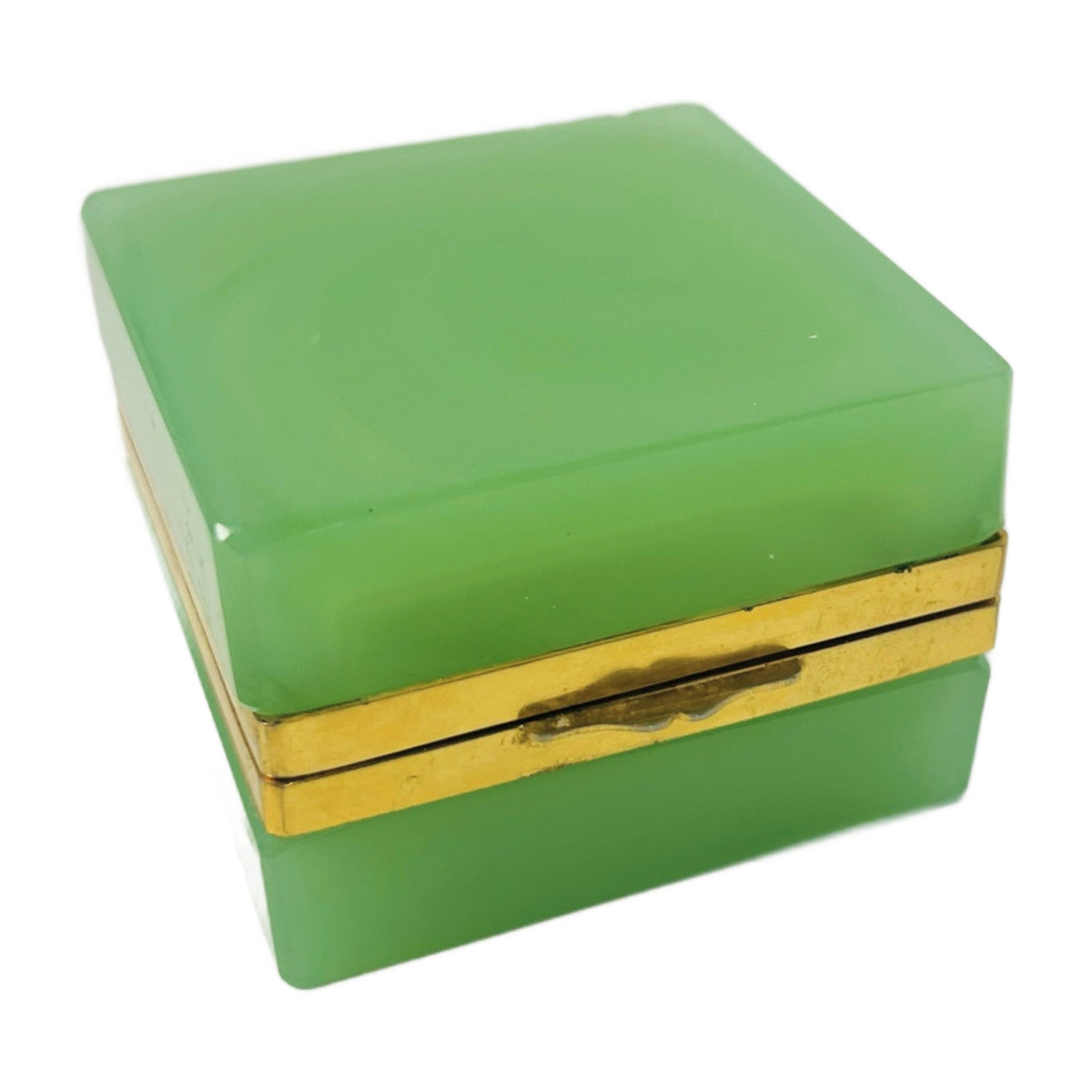 H58 - Green Opaline Glass Square Box with Gilt Mount – French Style Hinged Trinket Box