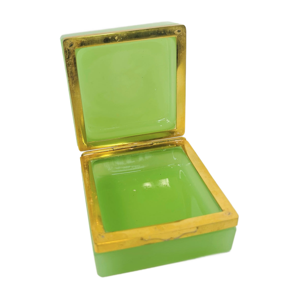 H58 - Green Opaline Glass Square Box with Gilt Mount – French Style Hinged Trinket Box