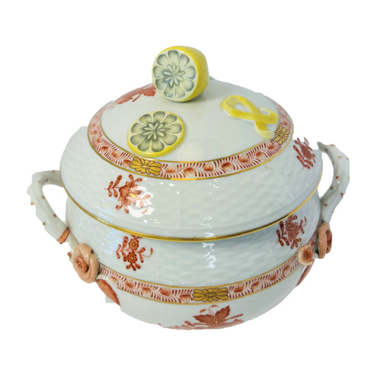 H7 - Herend Chinese Bouquet Rust Mini Tureen with Lemon Finial – Hand-Painted Hungarian Porcelain