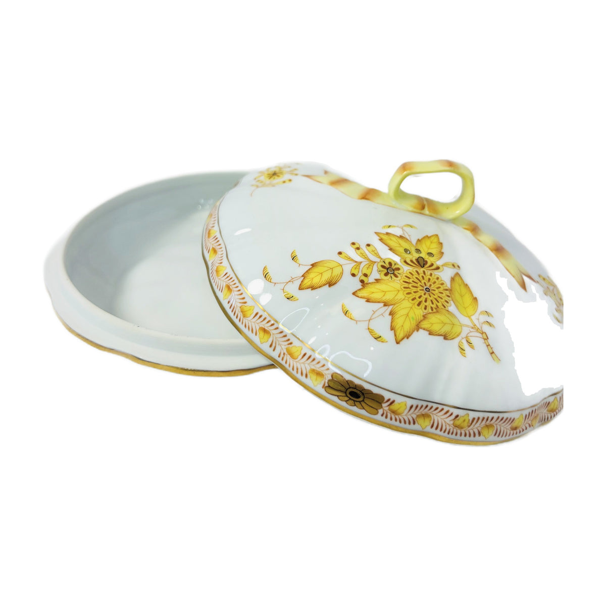 H9 - Herend Chinese Bouquet Yellow Covered Bonbonnière 6026/AJ – Ribbon Finial Box