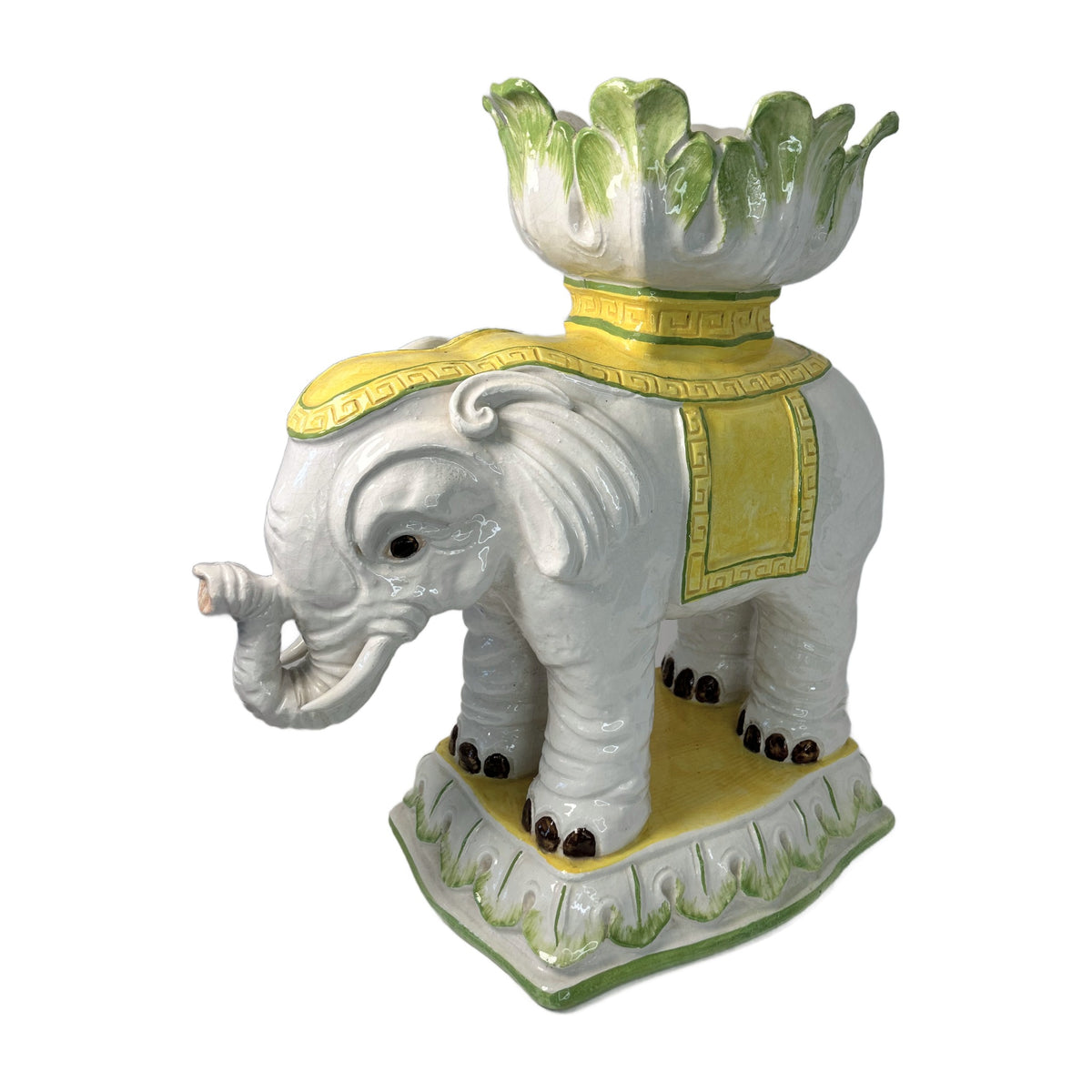 H21 - Italian Ceramic Elephant Planter with Lettuce Leaf Bowl – White & Yellow Majolica