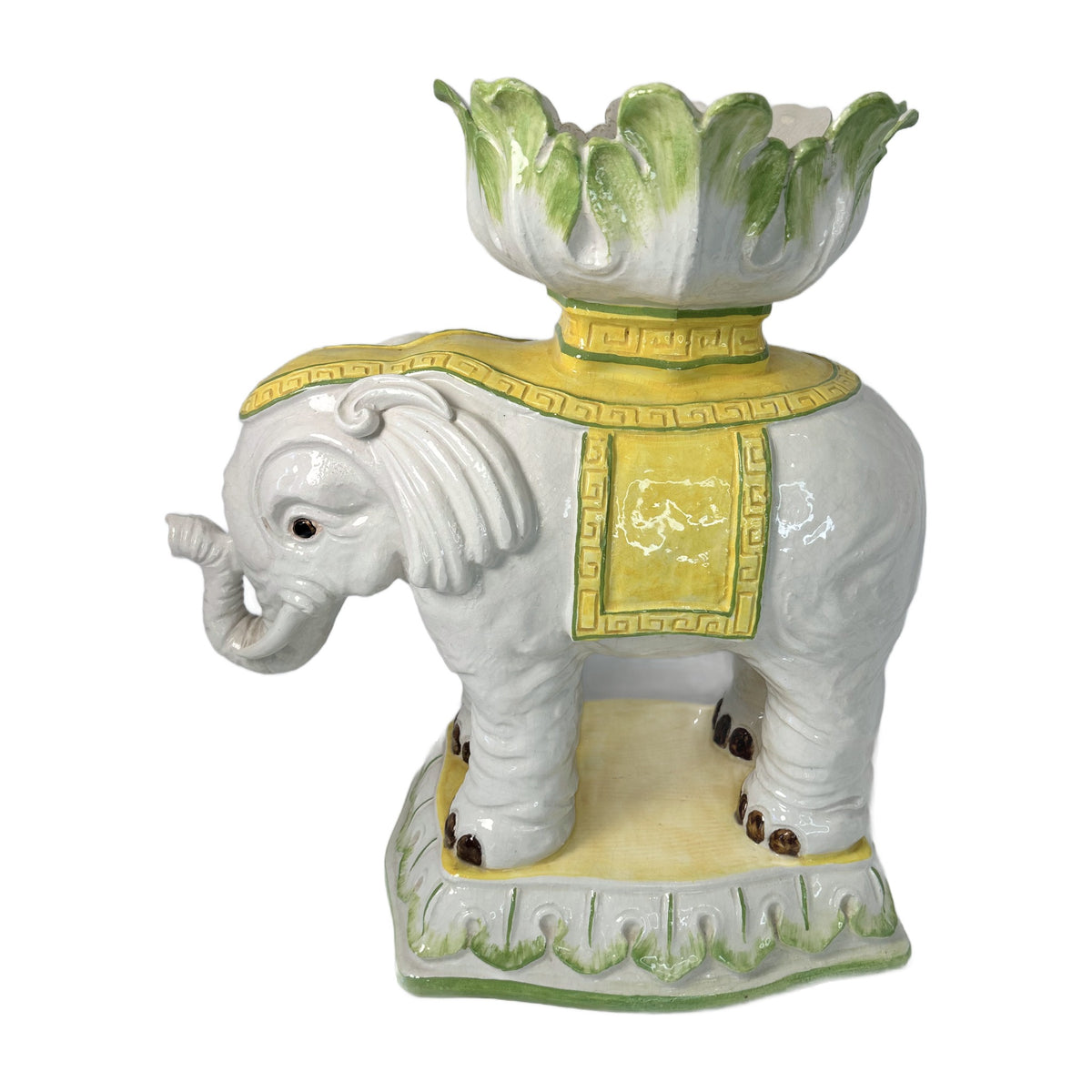 H21 - Italian Ceramic Elephant Planter with Lettuce Leaf Bowl – White & Yellow Majolica