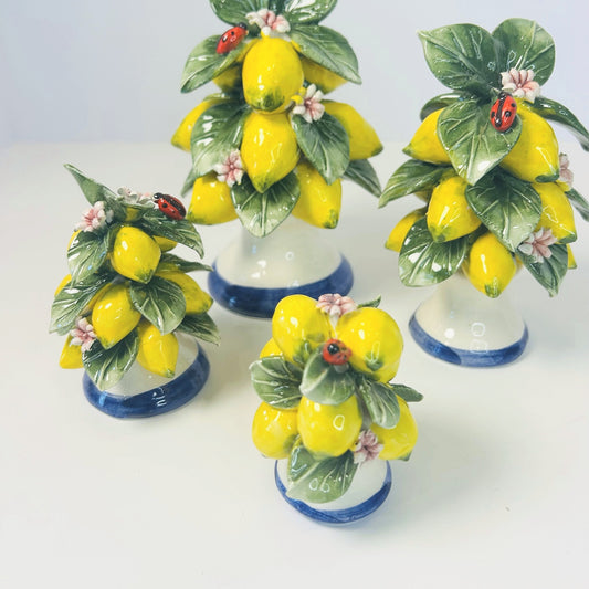 H63 - Italian Ceramic Lemon Tree Topiary – Tall Sculpted Lemons & Leaves with Ladybug - Medium