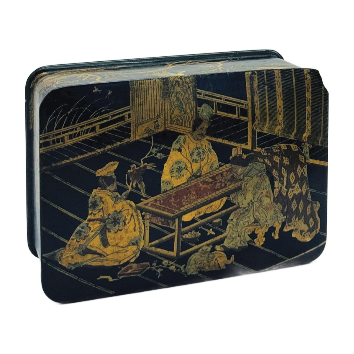Antique Japanese Black & Gilt Lacquer Box – Hand-Painted Court Figures, Hinged Lid