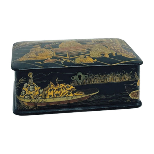 Antique Japanese Black & Gilt Lacquer Box – Hand-Painted Court Figures, Hinged Lid