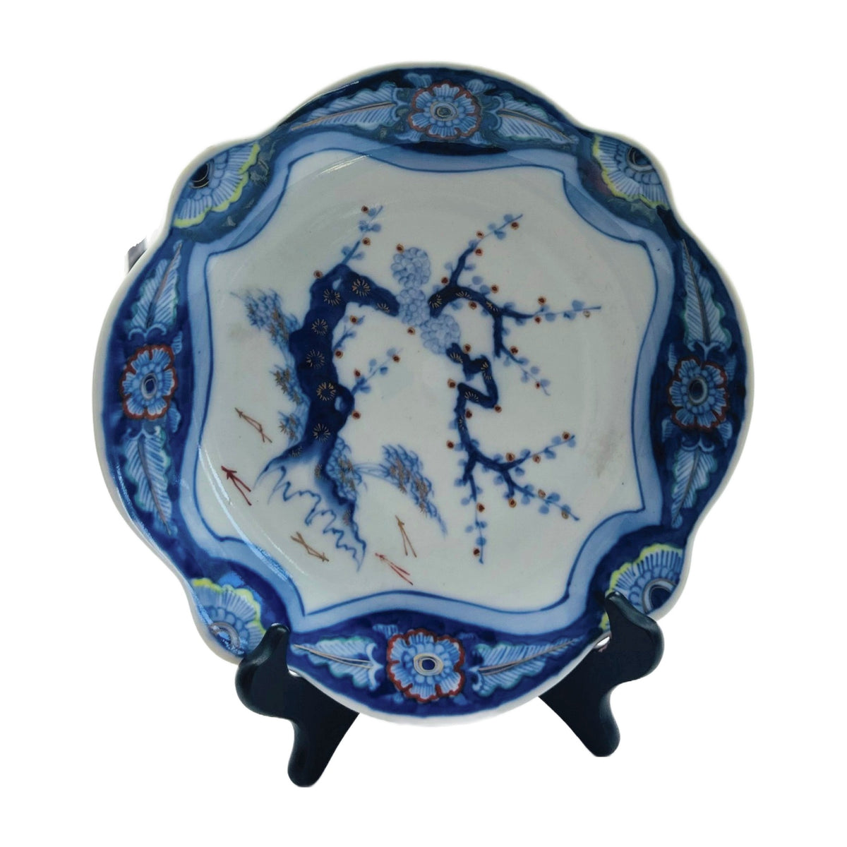 Japanese Imari Lobed Porcelain Dish – Blue & White Plum Blossom with Red and Gold