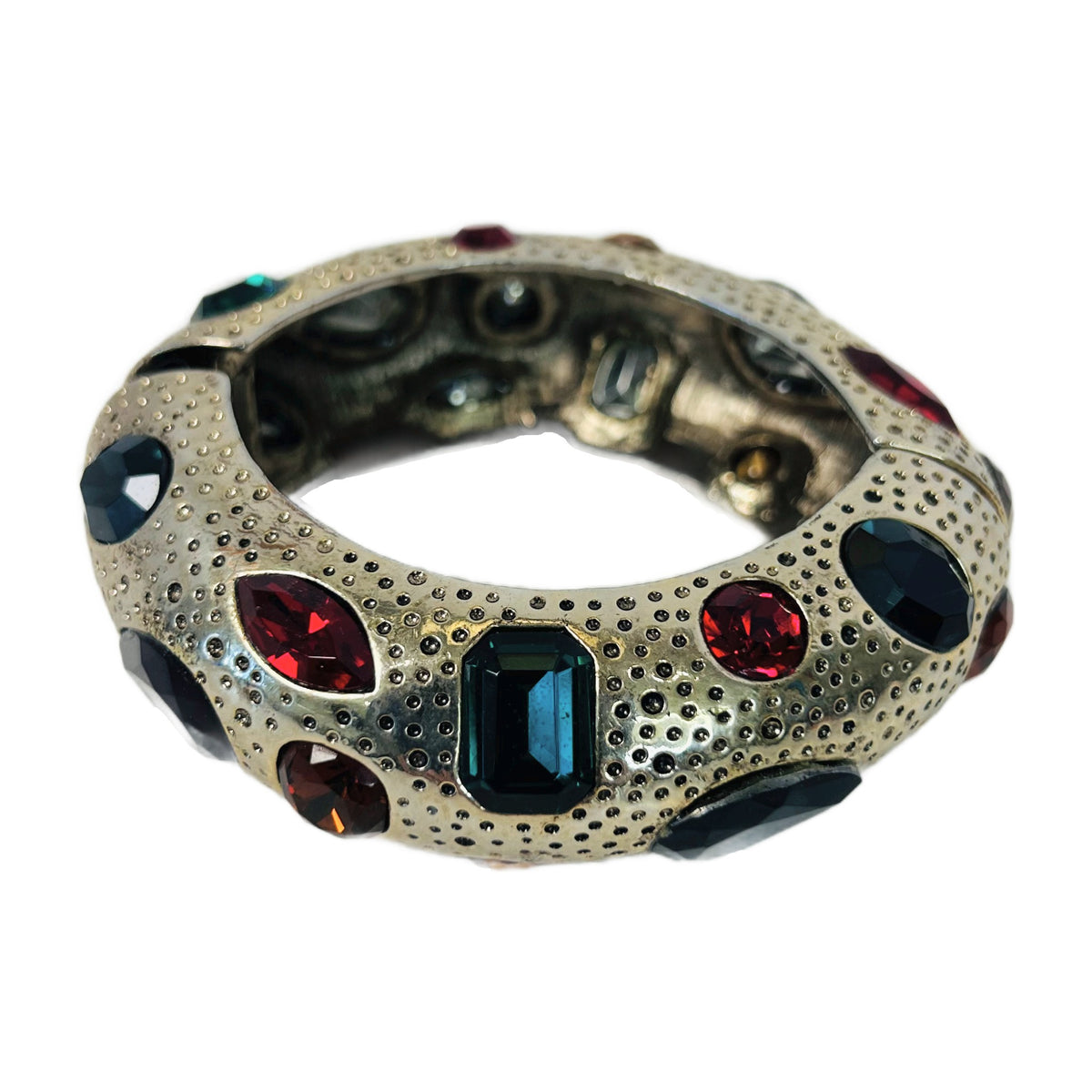 H28 - Vintage Jeweled Hinged Bangle – Silver-Tone with Ruby, Emerald & Sapphire Glass Stones- Kenneth Jay Lane