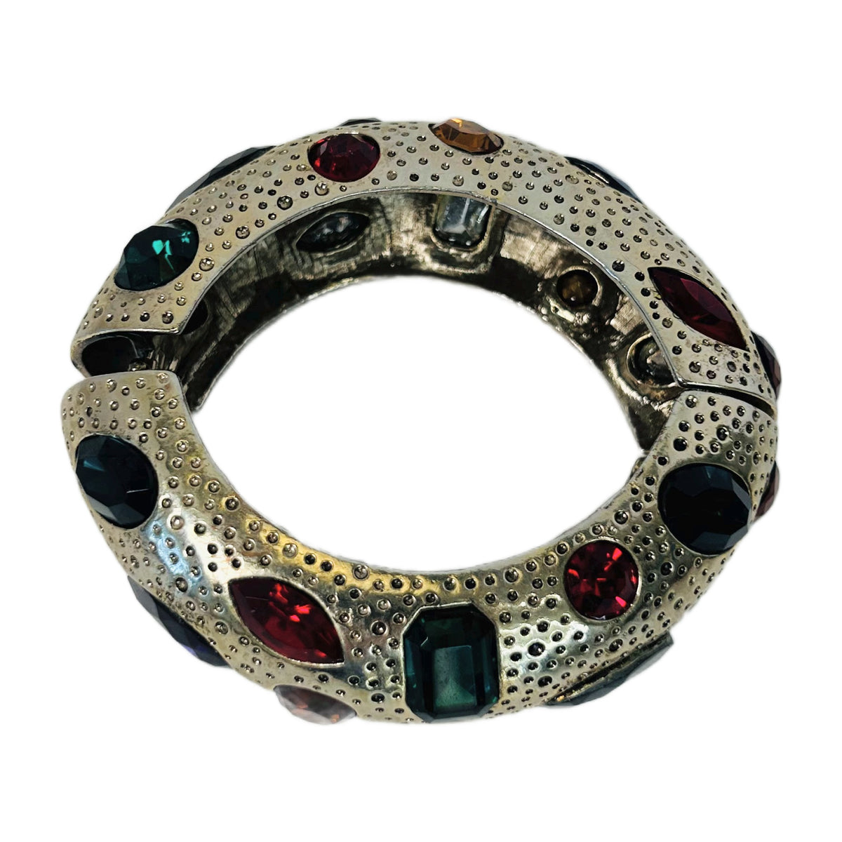 H28 - Vintage Jeweled Hinged Bangle – Silver-Tone with Ruby, Emerald & Sapphire Glass Stones- Kenneth Jay Lane
