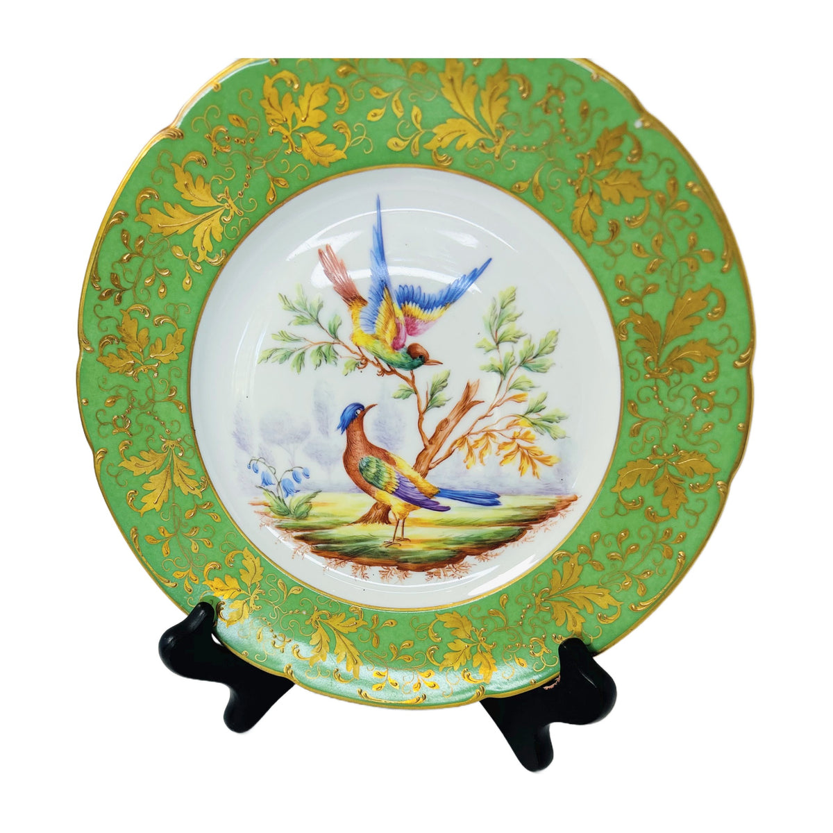 H8 - Le Tallec Paris Hand-Painted Bird Plates – Pair, Green & Gold Border Porcelain
