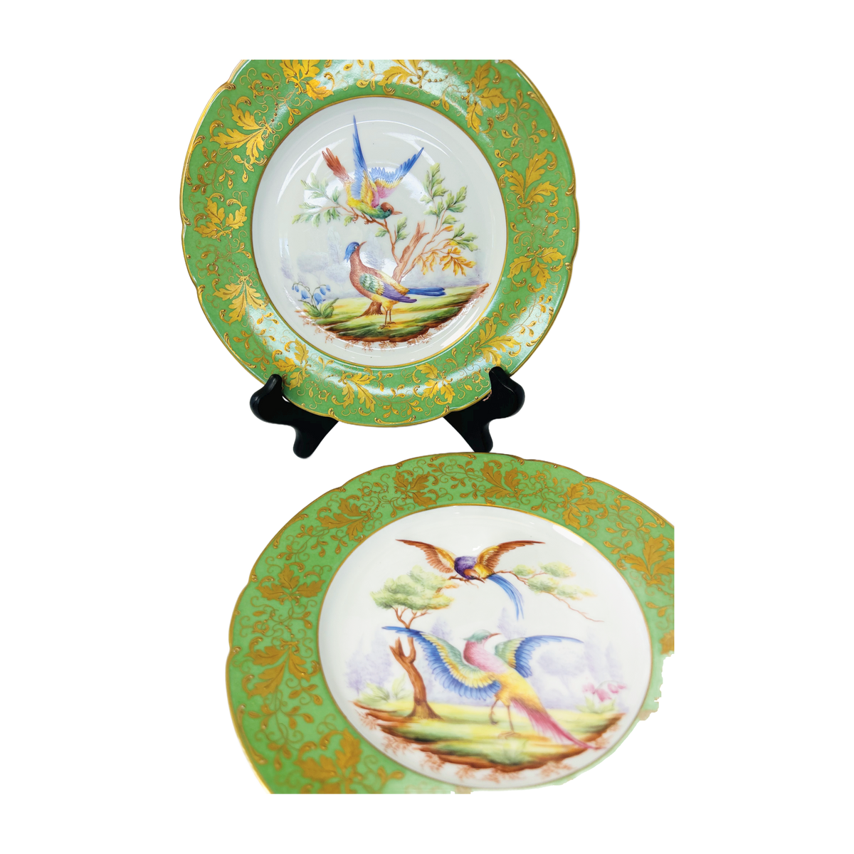 H8 - Le Tallec Paris Hand-Painted Bird Plates – Pair, Green & Gold Border Porcelain