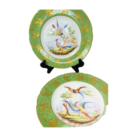 H8 - Le Tallec Paris Hand-Painted Bird Plates – Pair, Green & Gold Border Porcelain