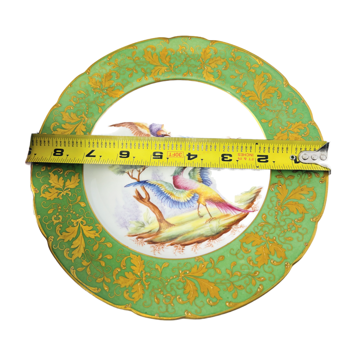 H8 - Le Tallec Paris Hand-Painted Bird Plates – Pair, Green & Gold Border Porcelain