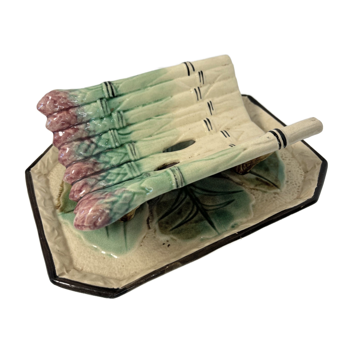 H14 - French Majolica Asparagus Server – Asparagus Cradle on Leaf Underplate