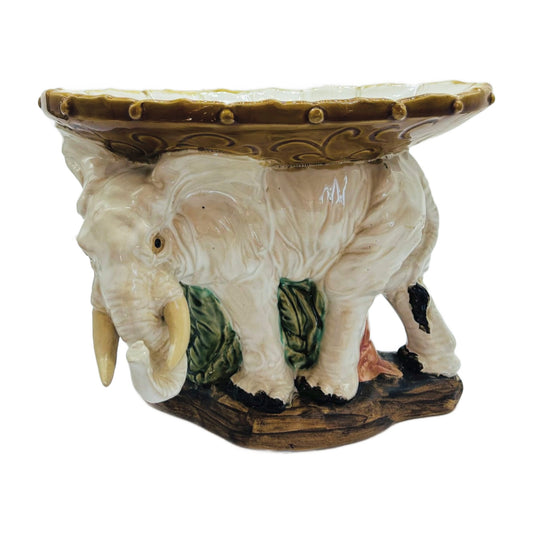 Vintage Majolica Elephant Planter – Glazed Ceramic White Elephant Jardinière