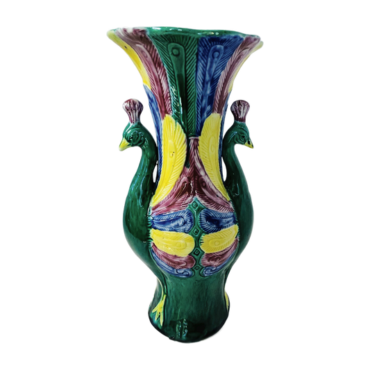H33 - Majolica Peacock Vase – Green, Yellow & Purple Glazed Ceramic with Peacock Handles