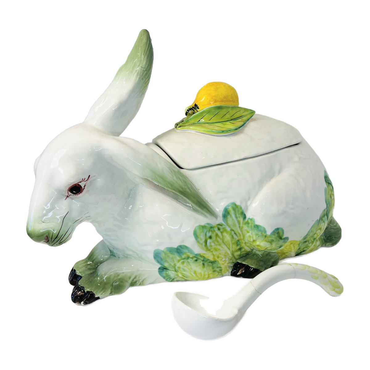 H4 - Majolica Rabbit Tureen with Lemon Finial & Ladle – White Hare on Cabbage Leaves