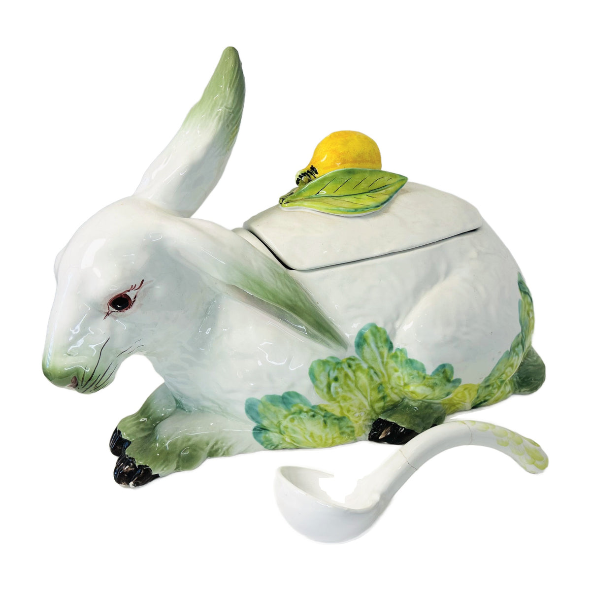 H4 - Majolica Rabbit Tureen with Lemon Finial & Ladle – White Hare on Cabbage Leaves