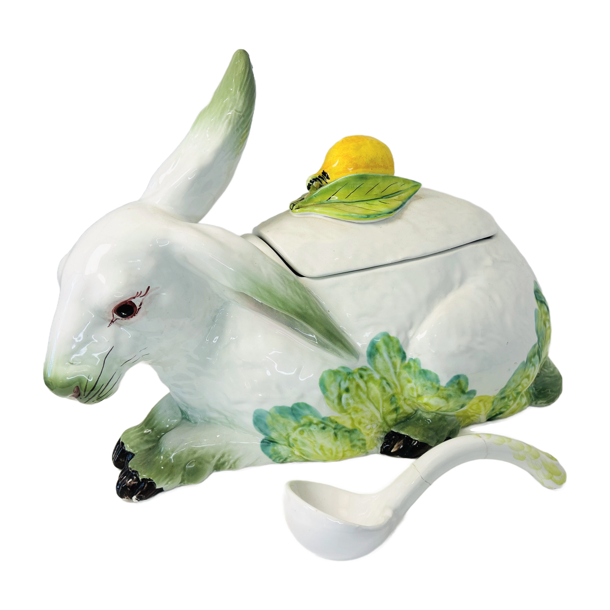 H4 - Majolica Rabbit Tureen with Lemon Finial & Ladle – White Hare on Cabbage Leaves
