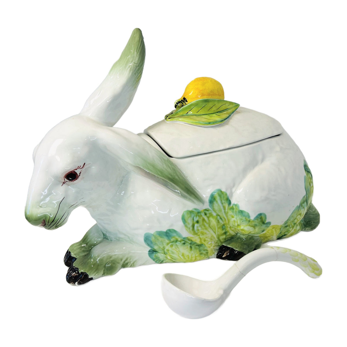 H4 - Majolica Rabbit Tureen with Lemon Finial & Ladle – White Hare on Cabbage Leaves