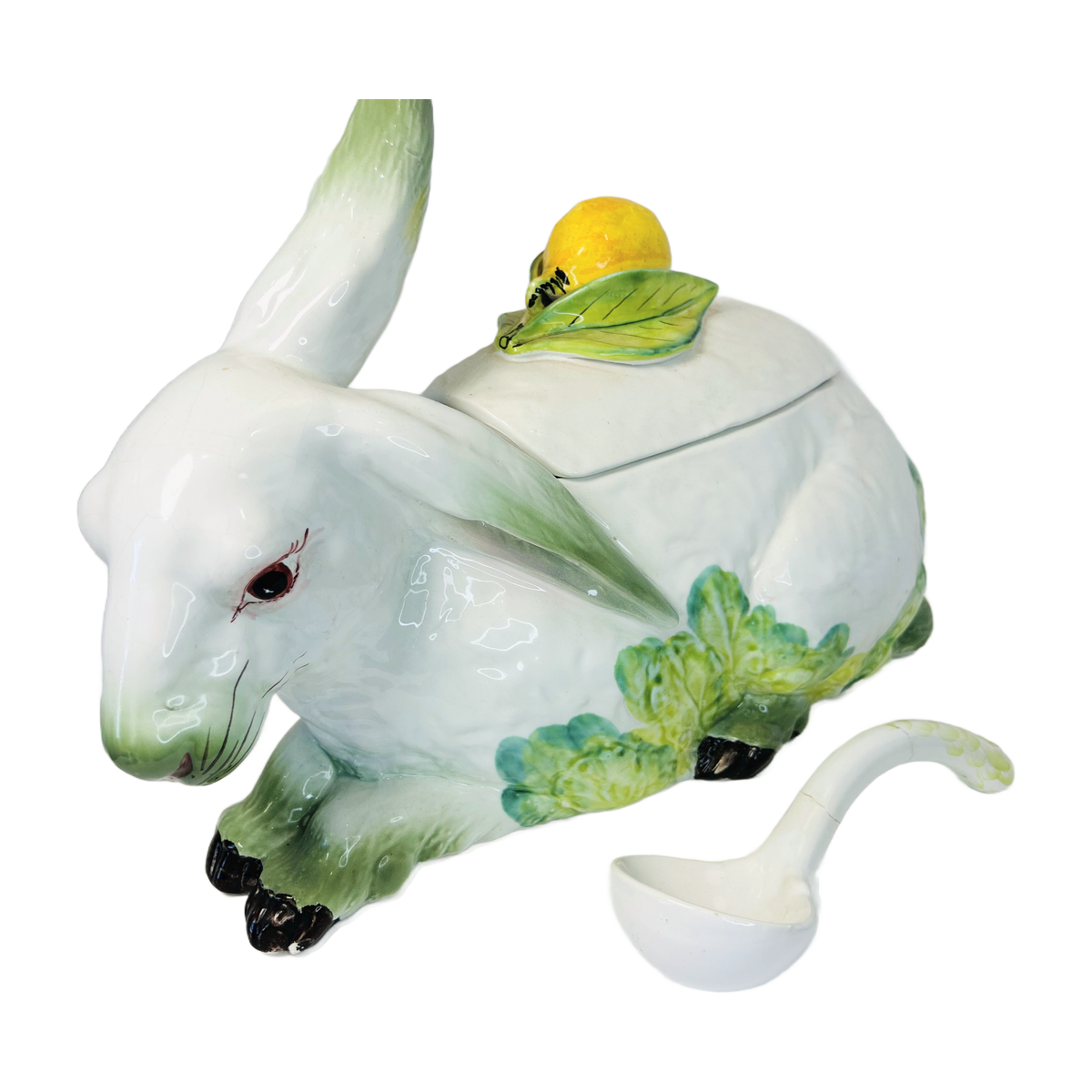 H4 - Majolica Rabbit Tureen with Lemon Finial & Ladle – White Hare on Cabbage Leaves