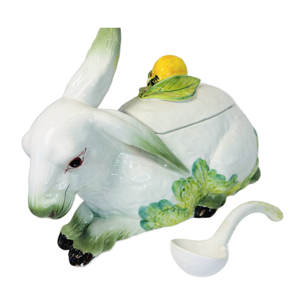 H4 - Majolica Rabbit Tureen with Lemon Finial & Ladle – White Hare on Cabbage Leaves