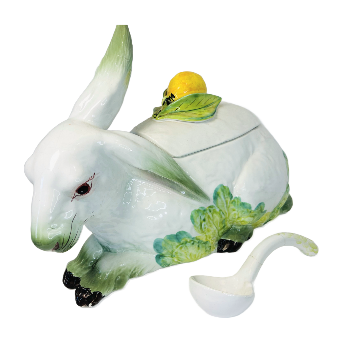 H4 - Majolica Rabbit Tureen with Lemon Finial & Ladle – White Hare on Cabbage Leaves