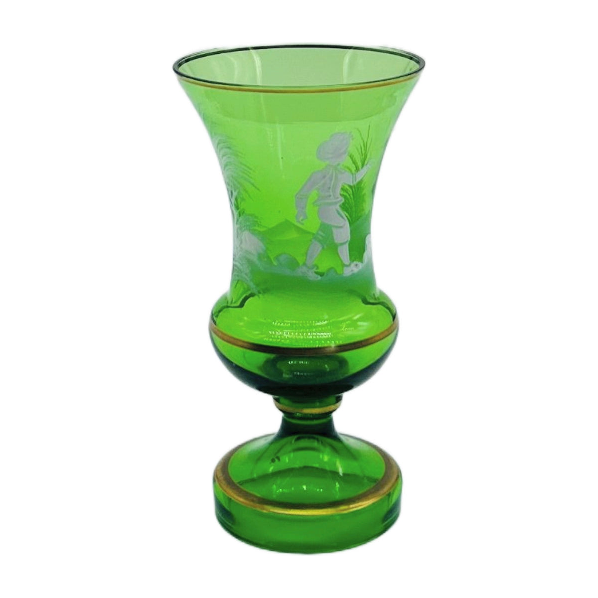Mary Gregory Style Green Glass Vase – White Enamel Boy with Gilt Bands