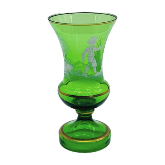 Mary Gregory Style Green Glass Vase – White Enamel Boy with Gilt Bands