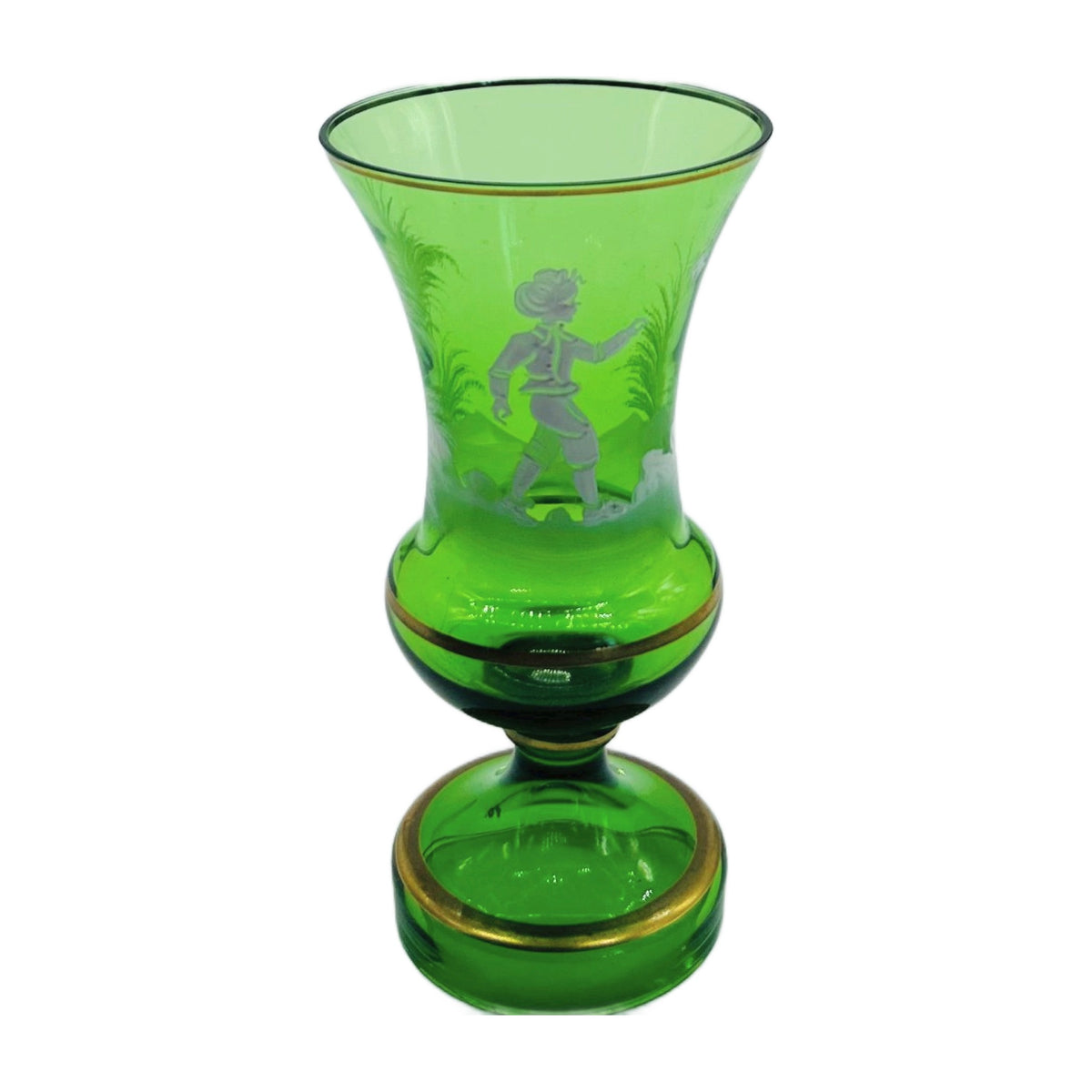 Mary Gregory Style Green Glass Vase – White Enamel Boy with Gilt Bands