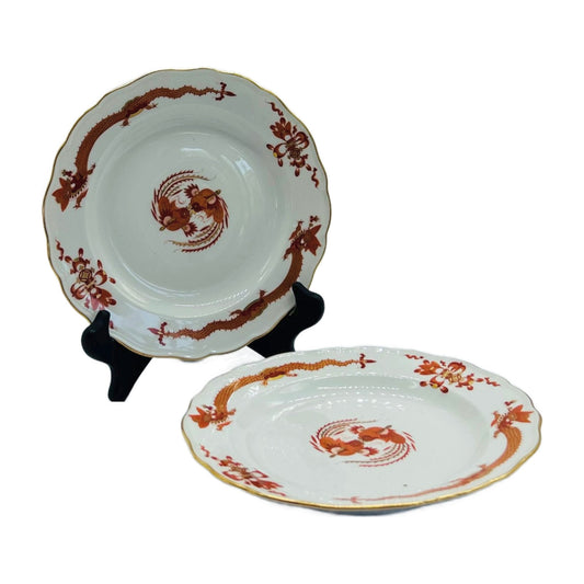 Meissen Red Ming Dragon Porcelain Plates – Pair, Iron Red Dragon & Phoenix with Gilt Rim